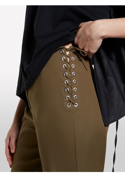 Pamuk Karışımlı Yanı Bağlamalı Yüksek Bel Sigaret Pantolon Kadın Yeşil Pantolon - 325P4SI0LF074 indirimleri