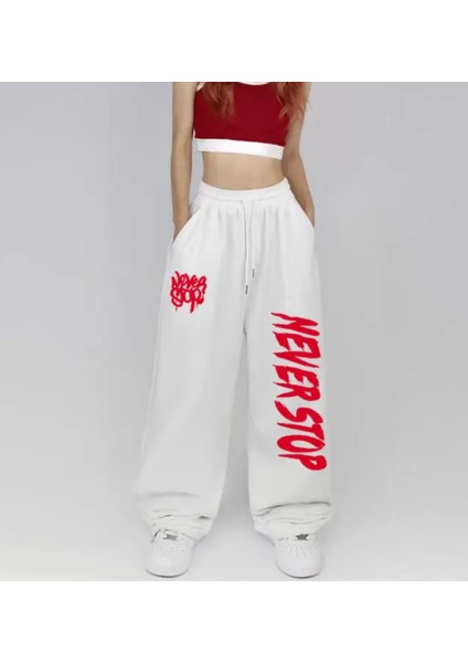 Büyük Beden Özel Tasarım Sokak Modası Neverstop Baskılı Kışlık Hip Hop Ispanyol Paça Kadın Eşofman Altı