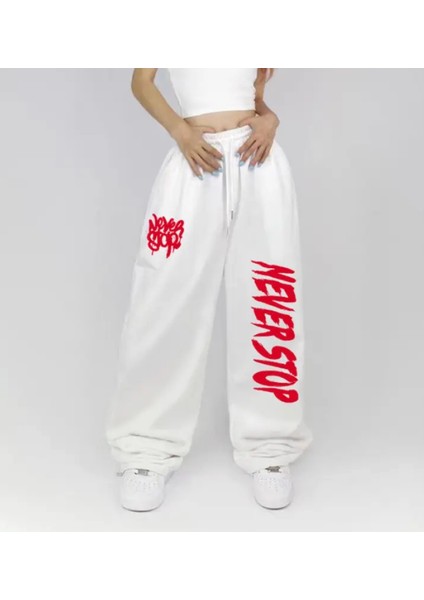 Büyük Beden Özel Tasarım Sokak Modası Neverstop Baskılı Kışlık Hip Hop Ispanyol Paça Kadın Eşofman Altı fiyatları