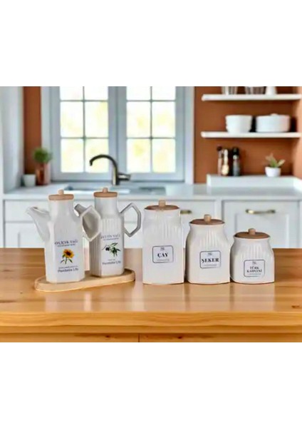 2’li Set 6 Parça Bambu Standlı Prizma Porselen 1000ML Yağdanlık ve 3’lu Kavanoz Saklama Seti