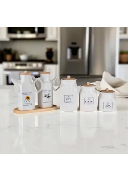 2’li Set 6 Parça Bambu Standlı Prizma Porselen 1000ML Yağdanlık ve 3’lu Kavanoz Saklama Seti fiyatları