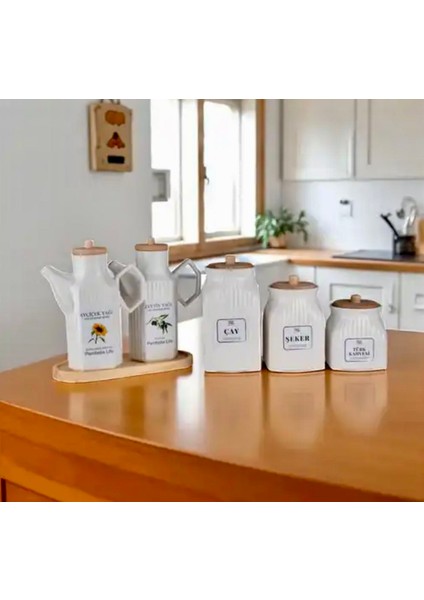 2’li Set 6 Parça Bambu Standlı Prizma Porselen 1000ML Yağdanlık ve 3’lu Kavanoz Saklama Seti modelleri