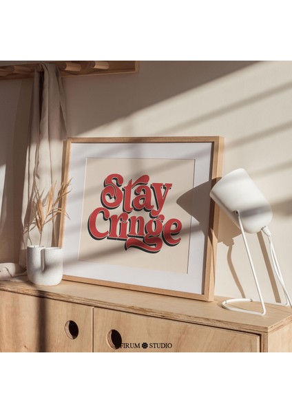 Stay Cringe Retro Vintage Tipografi - Yatay Bej ve Kırmızı Eklektik Daire Duvar Sanatı, Komik Sanat Posteri | fiyatları