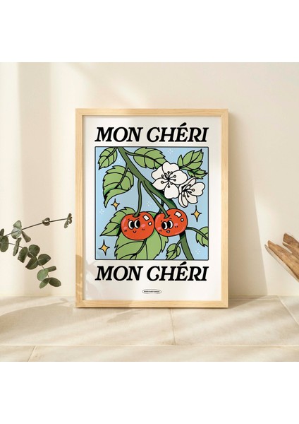 Çerçeveli Mon Cheri Fransız Kirazı Posteri, Botanik Baskı, Çiçek Baskısı, Retro Sanat, Mavi Büyük Baskılar