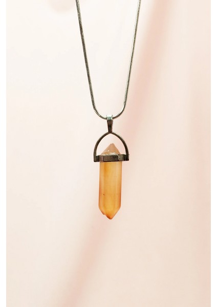 Kalsit Doğal Taşı Zincirli El Yapımı Tasarımlı Kolye Uç: 3,5 cm Zincir: 20 cm Kutulu