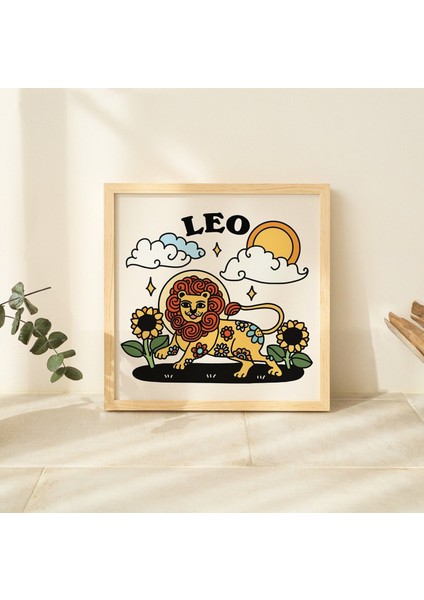 Aslan Burcu Baskısı, Aslan Burcu Poster Hediyesi, Sevimli Astroloji Burç Posterleri, Retro Burç Hediyesi
