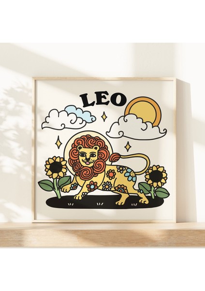Aslan Burcu Baskısı, Aslan Burcu Poster Hediyesi, Sevimli Astroloji Burç Posterleri, Retro Burç Hediyesi modelleri