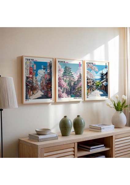 3'lü Japon Duvar Sanatı Seti, Tokyo Kyoto Osaka Posteri, Japandi Duvar Sanatı