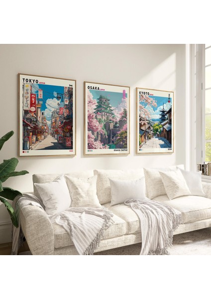 3'lü Japon Duvar Sanatı Seti, Tokyo Kyoto Osaka Posteri, Japandi Duvar Sanatı fırsatları