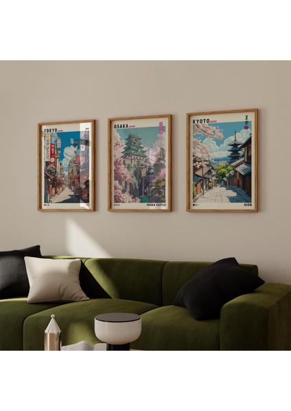 3'lü Japon Duvar Sanatı Seti, Tokyo Kyoto Osaka Posteri, Japandi Duvar Sanatı indirimleri
