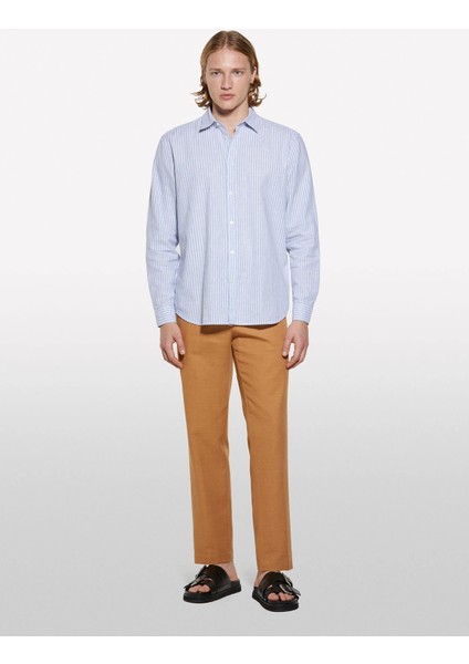 Keten Karışımlı Çizgili Regular Fit Gömlek Erkek Beyaz Gömlek - 325P51FCSQ03G