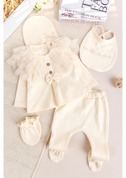 Güpürlü Fiyonklu Pamuklu 5'li Kız Bebek Hastane Çıkışı Bebek Takımı