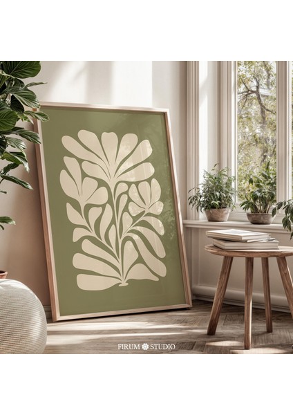 Sönük Yeşil Soyut Botanik Sanatı, Adaçayı Yeşili Akdeniz, Modern Bohem Duvar Dekoru