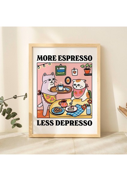 Daha Fazla Espresso Daha Az Depresso Beyaz Kedi Duvar Baskısı, Kahve Kedi Posteri, Mutfak Sanatı, El Yapımı Kedi Kahve Posteri