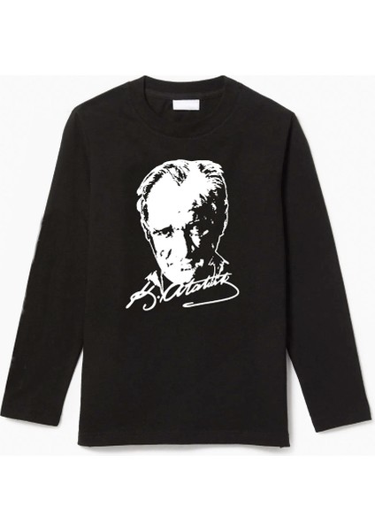 Uzun Kollu Atatürk Silüet ve Imza Baskılı Pamuklu Çocuk Tişört