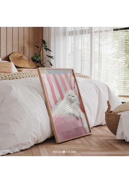 Pembe Çizgili Kanepede Rahat Beyaz Kedi Sanatı fiyatları