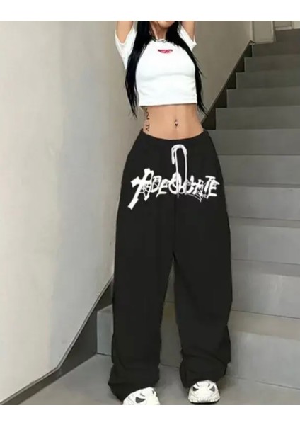 Büyük Beden Sokak Modası Graffiti Baskılı Kışlık Ispanyol Paça Hip Hop Kadın Eşofman Altı