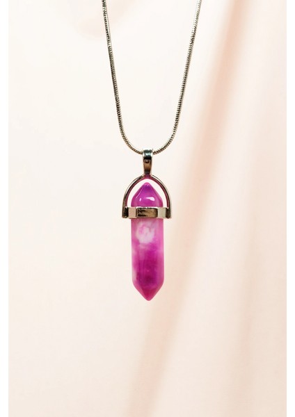 Pembe Akit Doğal Taşı Zincirli El Yapımı Tasarımlı Kolye Uç: 3,5 cm Zincir: 20 cm Kutulu