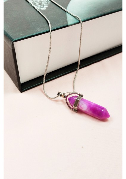 Pembe Akit Doğal Taşı Zincirli El Yapımı Tasarımlı Kolye Uç: 3,5 cm Zincir: 20 cm Kutulu modelleri
