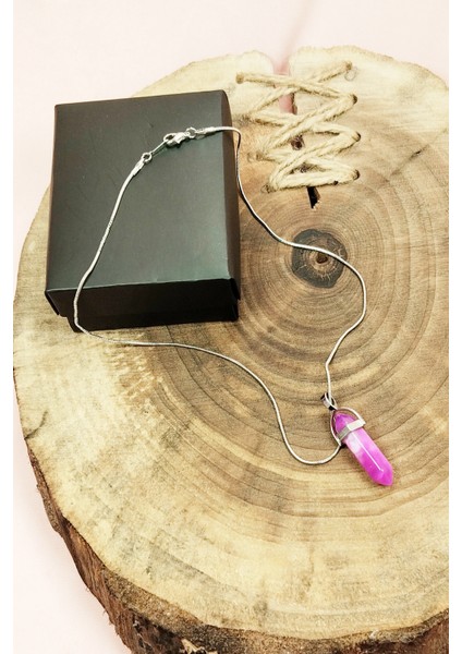 Pembe Akit Doğal Taşı Zincirli El Yapımı Tasarımlı Kolye Uç: 3,5 cm Zincir: 20 cm Kutulu fırsatları