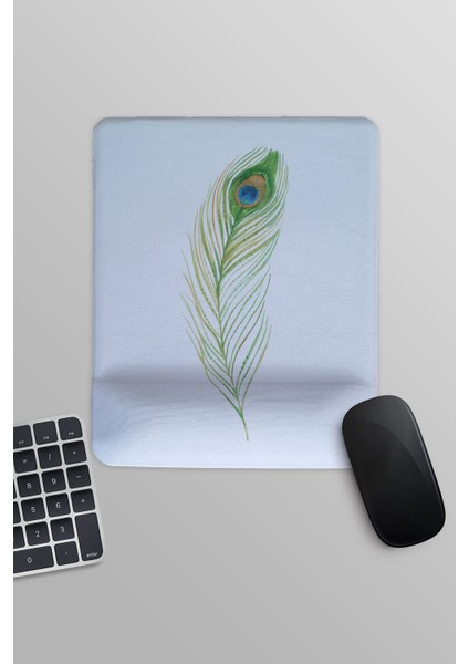 Tavus Kuşu Tüyü Baskılı Dikdörtgen Bilek Destekli Mousepad