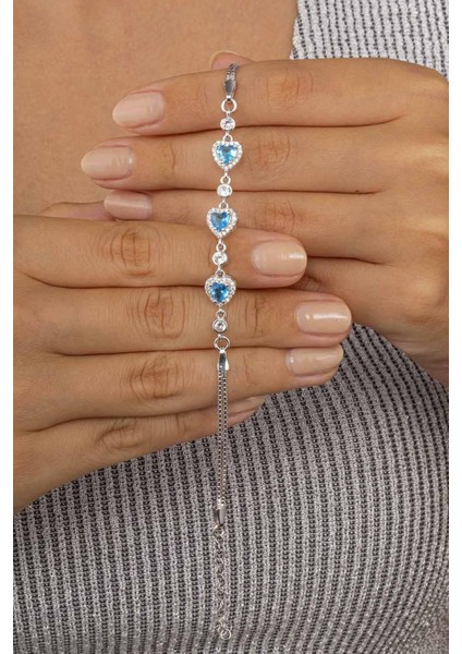 Mavi Taşlı Üçlü Kalp 925 Ayar Gümüş Kadın Bileklik modelleri