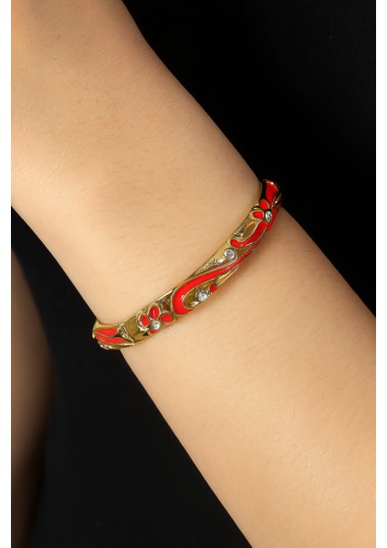Mineli, Taşlı ve Çiçek Desenli Kırmızı Kelepçe Bileklik fiyatları