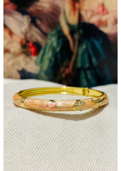 Mineli, Taşlı ve Çiçek Desenli Turuncu Kelepçe Bileklik
