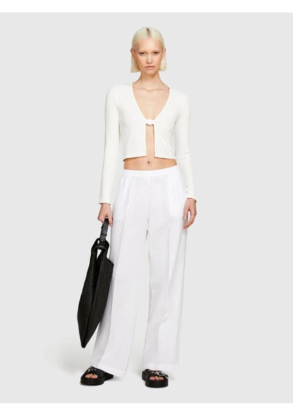%100 Keten Beli Lastikli Önü Pileli Geniş Paça Pantolon Kadın Beyaz Pantolon - 325P4AGHLF03U