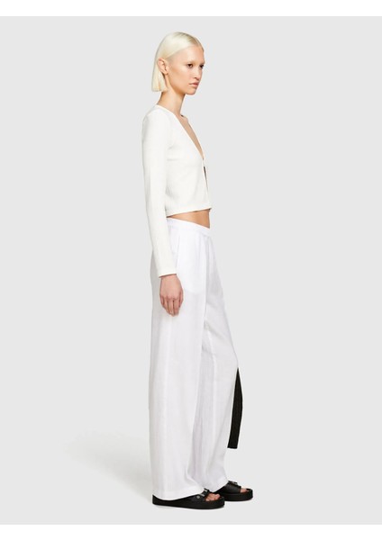 %100 Keten Beli Lastikli Önü Pileli Geniş Paça Pantolon Kadın Beyaz Pantolon - 325P4AGHLF03U fiyatları