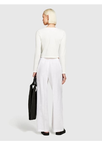 %100 Keten Beli Lastikli Önü Pileli Geniş Paça Pantolon Kadın Beyaz Pantolon - 325P4AGHLF03U modelleri