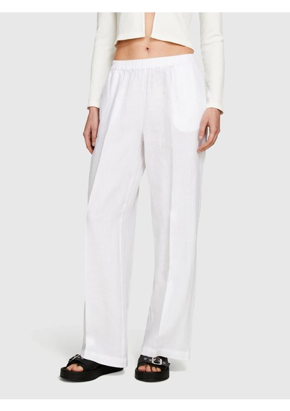 %100 Keten Beli Lastikli Önü Pileli Geniş Paça Pantolon Kadın Beyaz Pantolon - 325P4AGHLF03U fırsatları