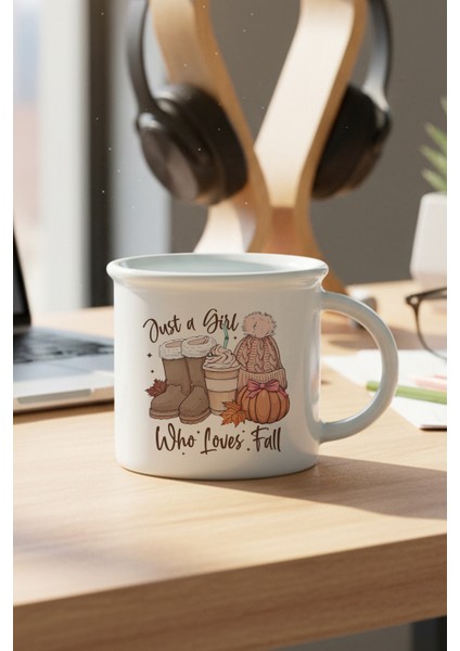 Just A Girl Who Loves Fall No:2 Baskılı Enamel Görünümlü Seramik Vintage Kupa Bardak