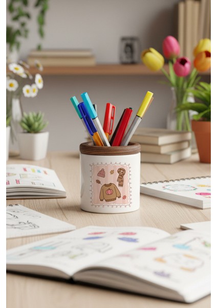 Sonbahar Temalı Kıyafetler Baskılı Seramik Kalemlik Masaüstü Düzenleyici