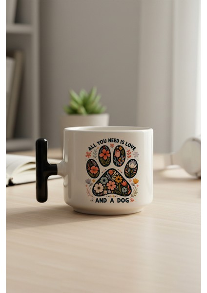 All You Need Is Love And A Dog Baskılı Siyah Renkli T Kulplu Latte Fincanı Kupa