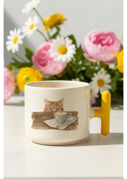 Sonbahar Temalı Sevimli Kedi No:1 Baskılı Sarı Renkli T Kulplu Latte Fincanı Kupa