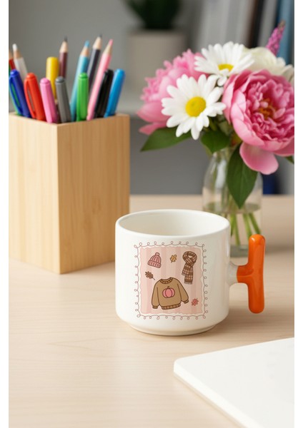 Sonbahar Temalı Kıyafetler Baskılı Turuncu Renkli T Kulplu Latte Fincanı Kupa