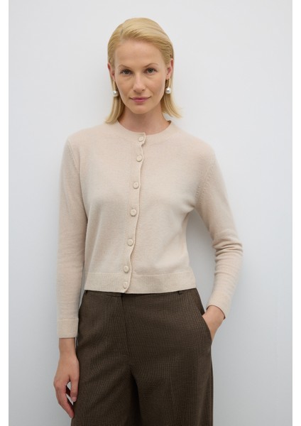 Bisiklet Yaka Düğmeli Yün Kaşmir Karışımlı Hırka Bej K2671011_024