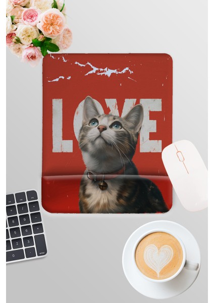 Sevimli Kediler No:3 Love Baskılı Oyuncu Gaming Dikdörtgen Bilek Destekli Mousepad