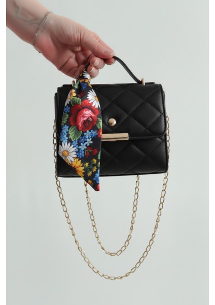 Kadın Kapitone Fularlı Zincir Askılı El ve Omuz Çantası Minimal