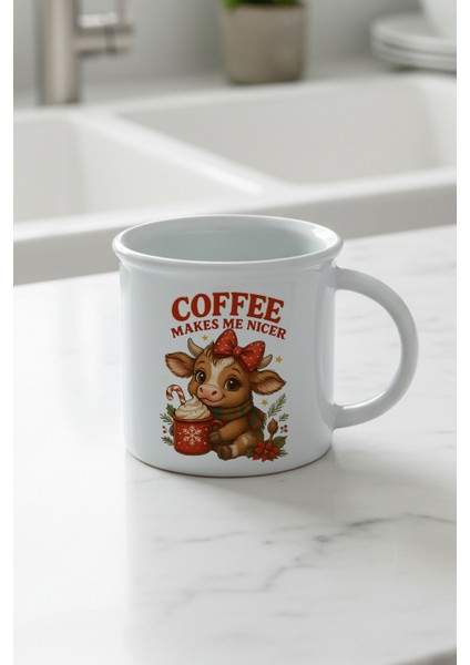 Coffee Makes Me Nicer Sevimli Inek Baskılı Enamel Görünümlü Seramik Vintage Kupa Bardak