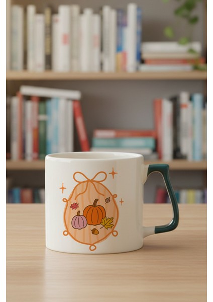 Sonbahar Temalı Balkabakları Baskılı Yeşil D Kulplu Kupa Bardak