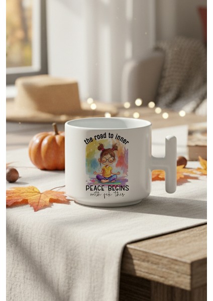 The Road To Inner Peace Begins Baskılı Hediyelik T Kulplu Latte Fincanı Kupa Bardak