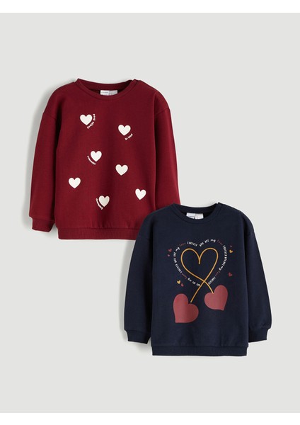 Yeni Sezon Bisiklet Yaka Baskılı Kız Bebek Sweatshirt 2'li