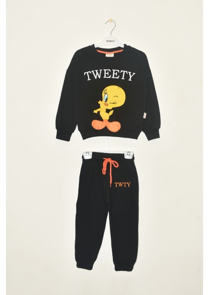 Kız Çocuk %100 Pamuk Tweety Nakışlı Paça Lastikli Trend Takım - 2147