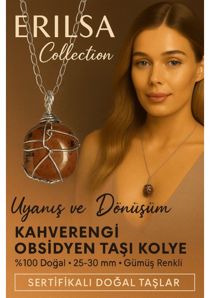 Sertifikalı Gümüş Tel Sargılı Kahverengi Obsidyen Taşı Kolye – 30-35 mm Koruma ve Dönüşüm Taşı