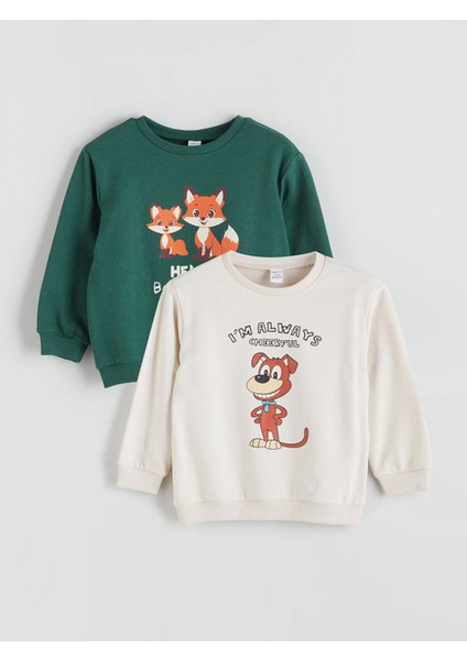 Yeni Sezon Bisiklet Yaka Baskılı Erkek Çocuk Sweatshirt 2'li