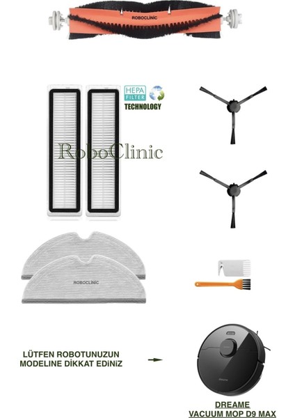 Dreame Vacuum Mop D9 Max Yedek Ana Fırça, Yan Fırça, Hepa Filtre, Mop - 9 Parça