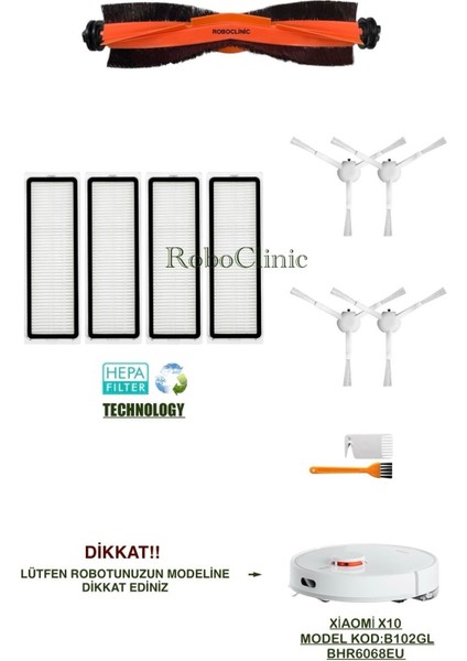 Xiaomi Robot Vacuum X10 Yedek Ana Fırça, Yan Fırça, Hepa Filtre, Mop - 11 Parça