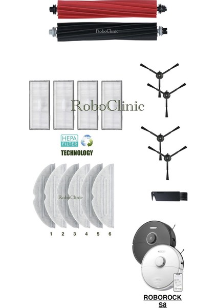 Roborock S8 Yedek Ana Fırça, Yan Fırça, Hepa Filtre, Mop - 17 Parça